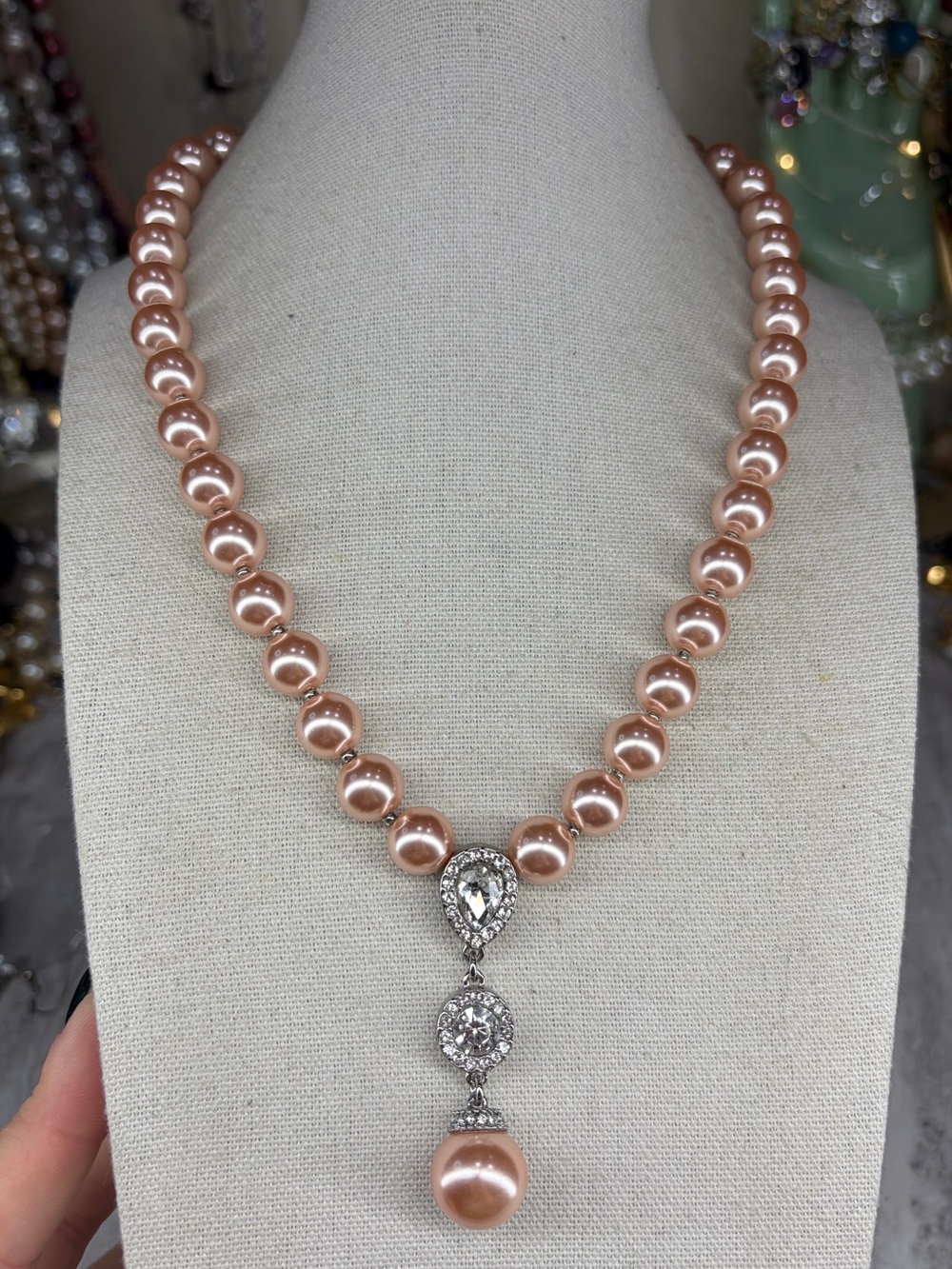 Charter Club Glass Pink Pearl Necklace Rhinestone Pendant Jewelry Y Drop